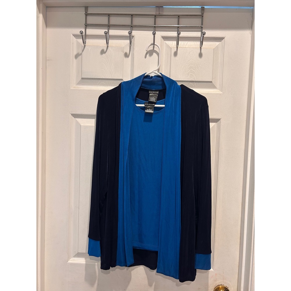 Citiknits Womens 2PC Twin Set Cardigan Tank Top Blue Sz M USA Slinky Knit Travel